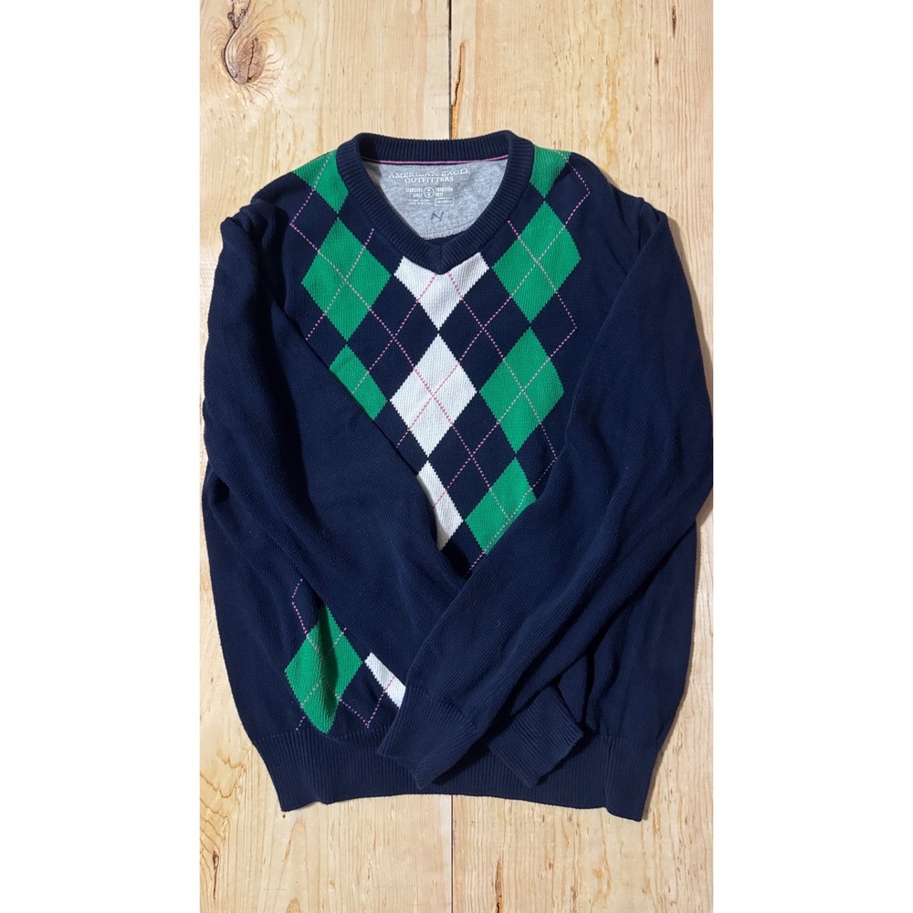 American Eagle Outfitters Navy Blue Argyle V-Neck Cotton Sweater Womens Medium